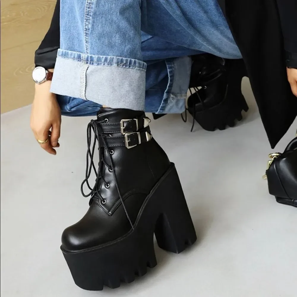 Black Dual Ankle Straps Platform Heel Combat Boots NEW